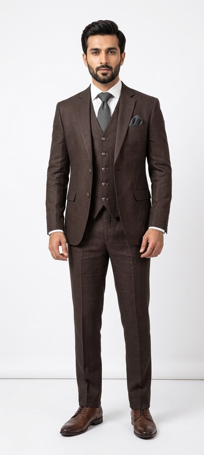 Classic Espresso Brown 3-Piece Tailored Suit (Jacket, Vest & Trousers
