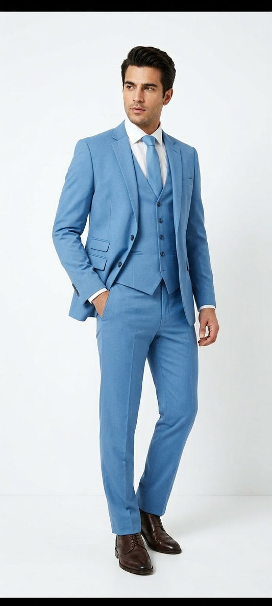 Sky Blue Solid Three-Piece Tailored Suit.
