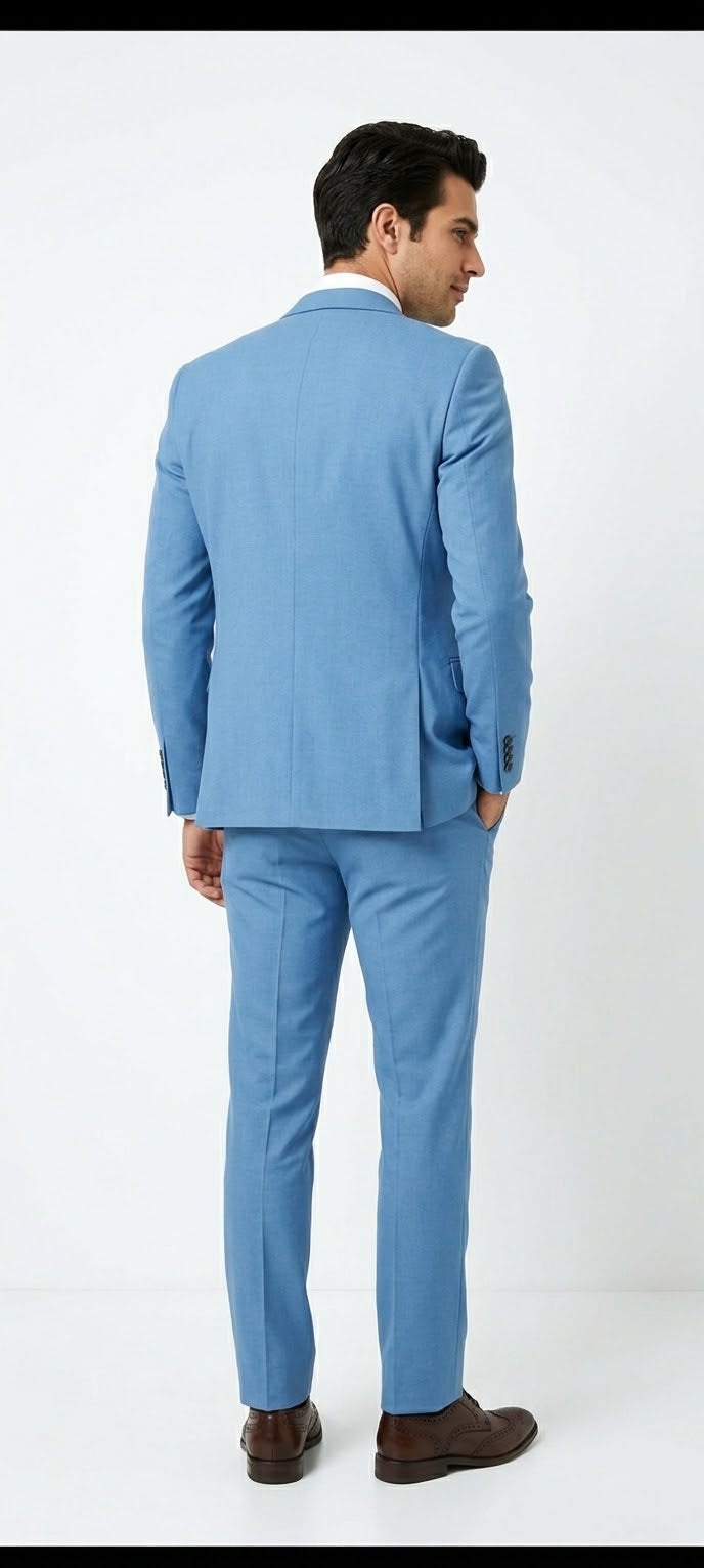 Sky Blue Solid Three-Piece Tailored Suit.