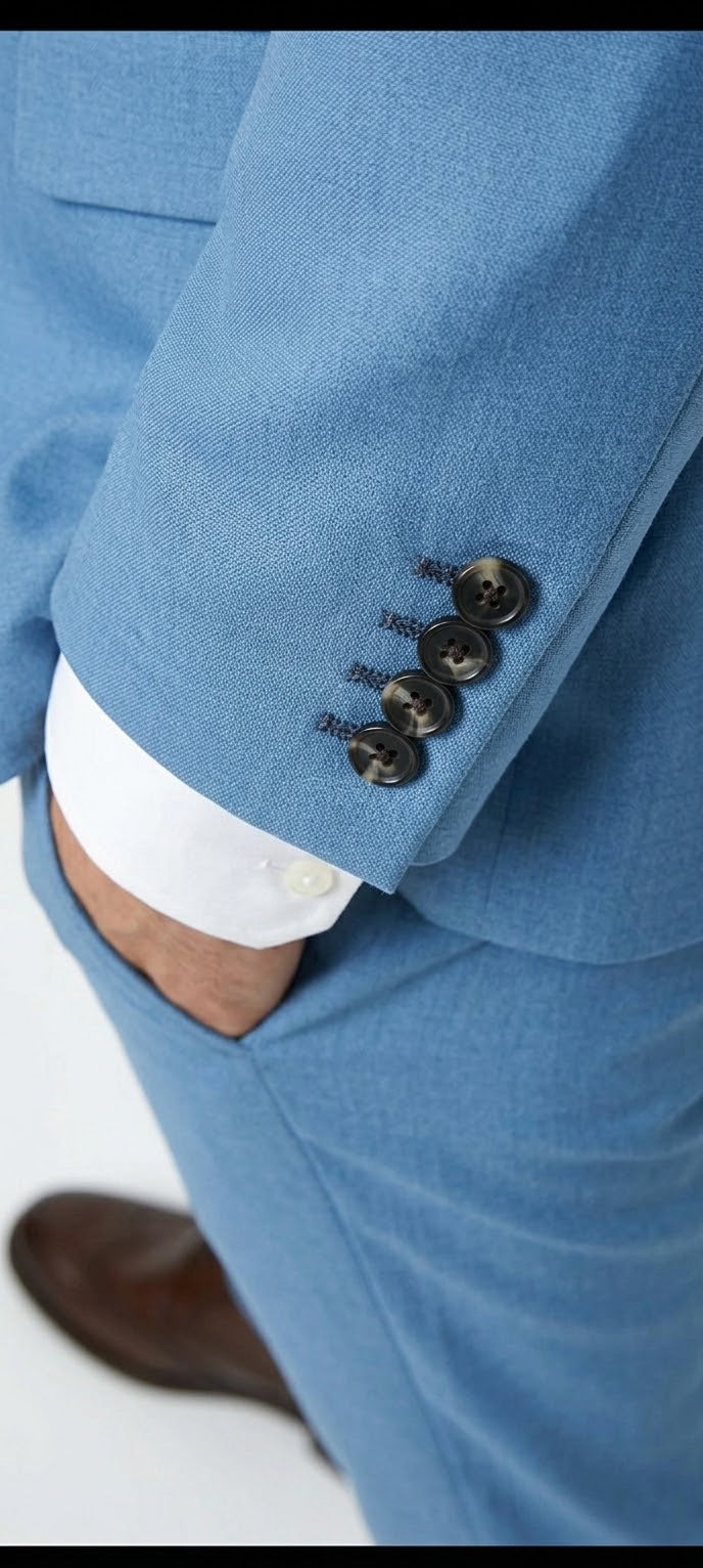 Sky Blue Solid Three-Piece Tailored Suit.