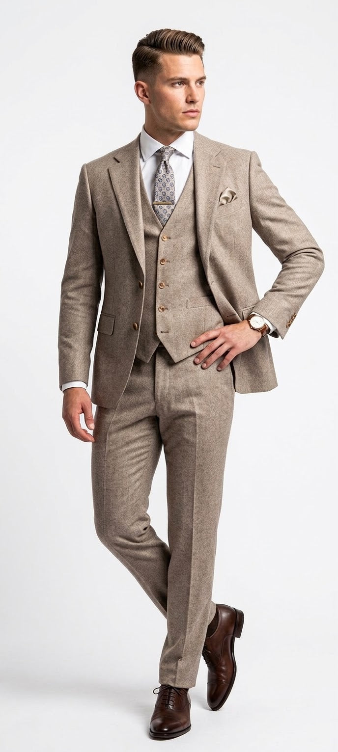 Men's Classic Beige Tweed 3-Piece Suit