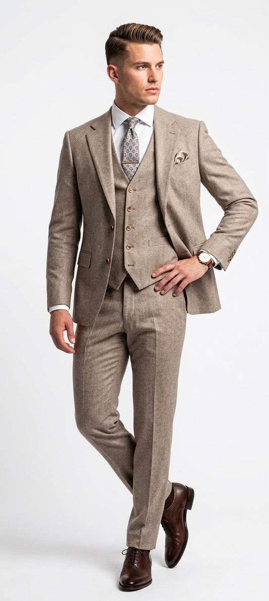 Men's Classic Beige Tweed 3-Piece Suit