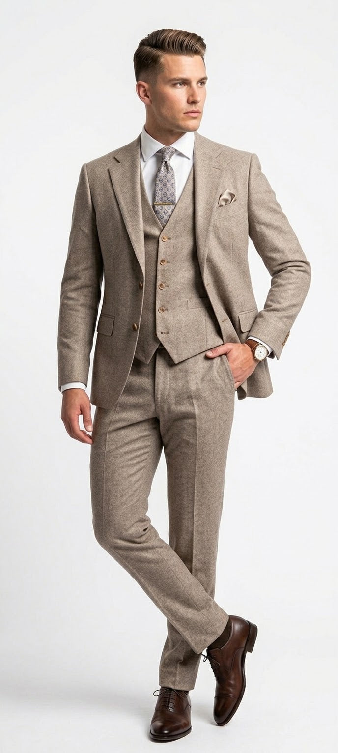 Men's Classic Beige Tweed 3-Piece Suit
