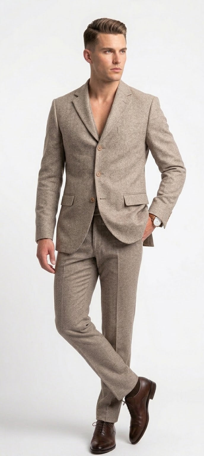 Men's Classic Beige Tweed 3-Piece Suit