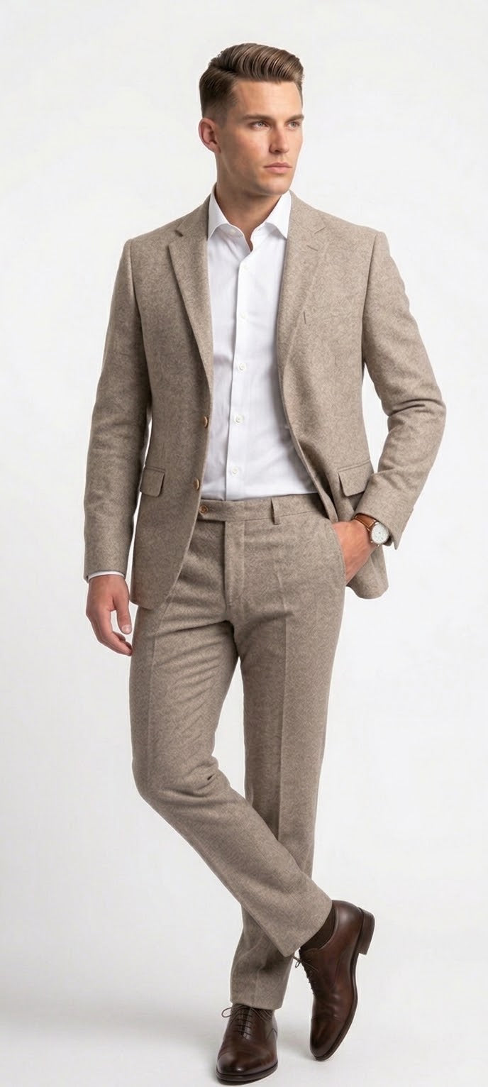 Men's Classic Beige Tweed 3-Piece Suit