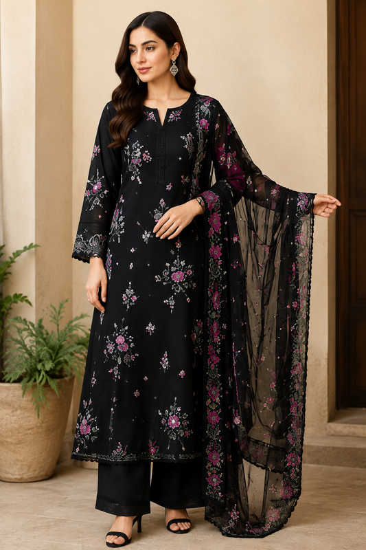 Noir Bloom Embroidered 3-Piece Lawn Suit
