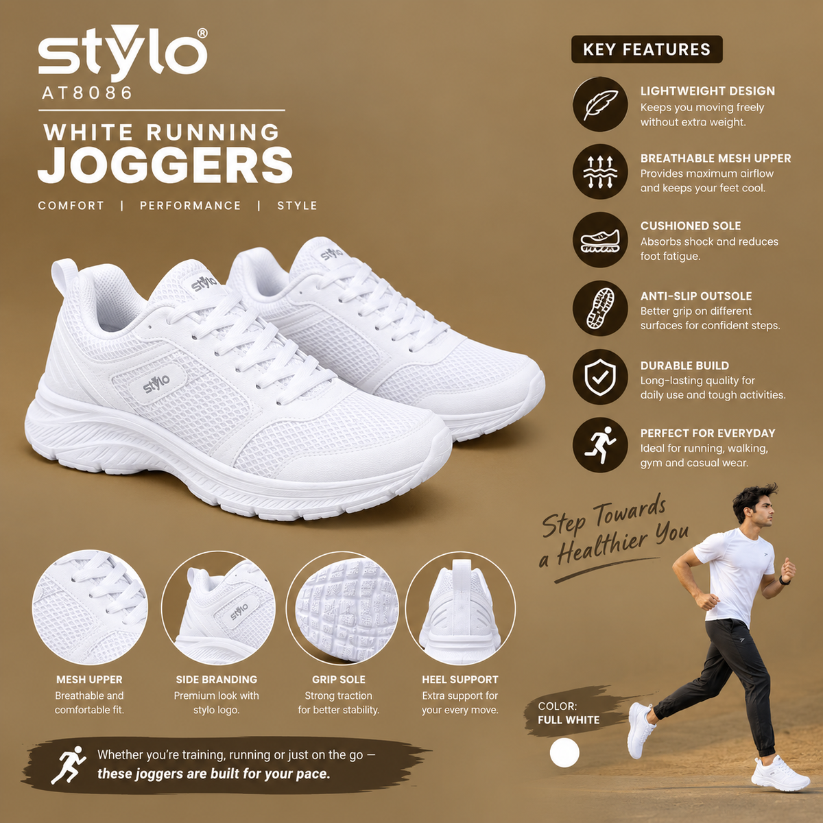 Stylo AT8086 White Running Joggers – Men’s Sports Shoes