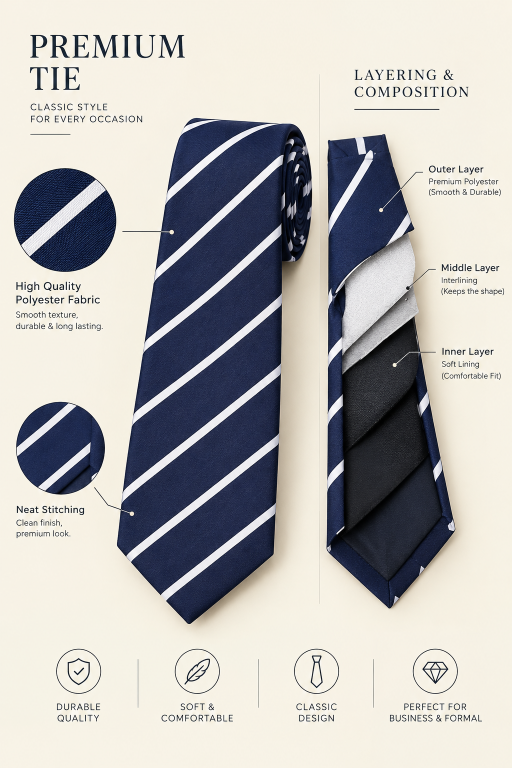 Premium Navy Blue Striped Tie – Classic Formal Necktie