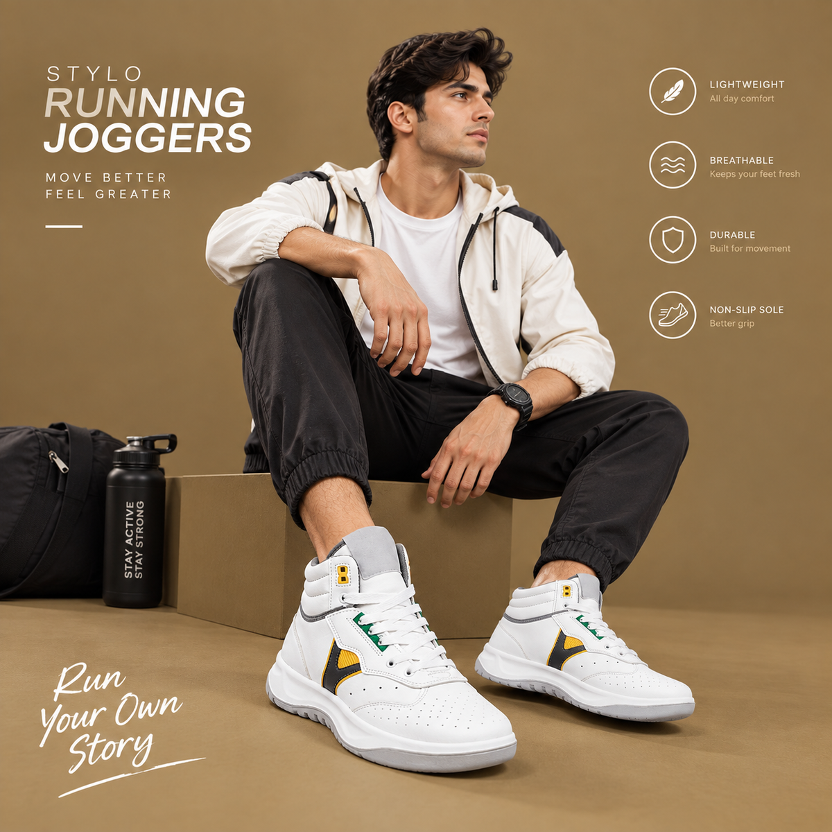 Ndure Men's White Colorblock High-Top Streetwear Sneakers