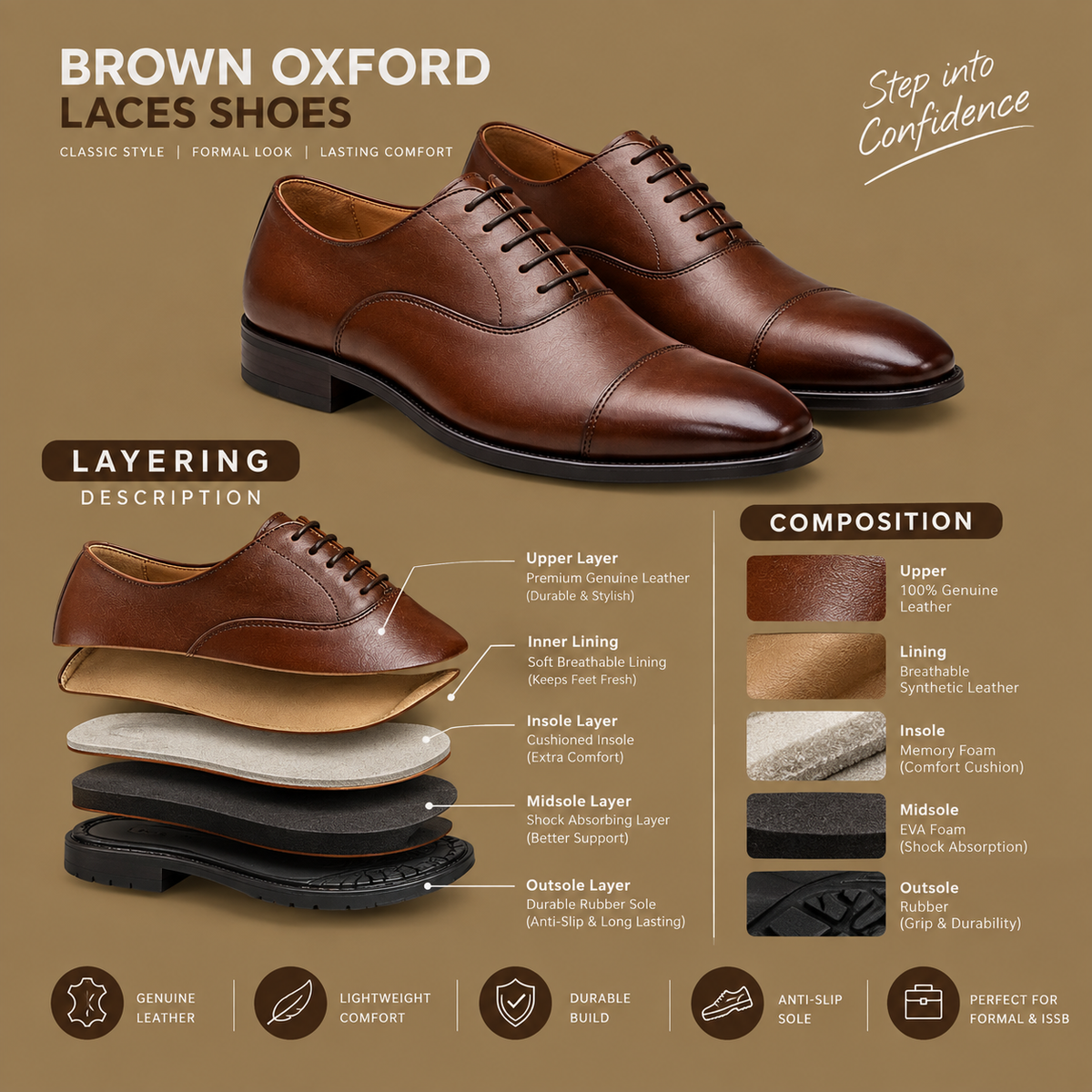 Brown Oxford Lace-Up Formal Shoes
