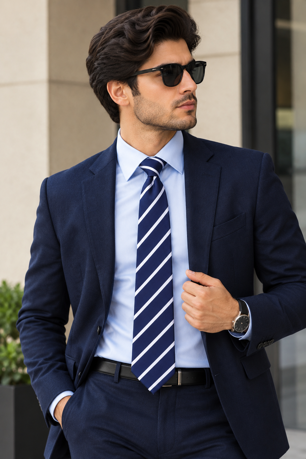 Premium Navy Blue Striped Tie – Classic Formal Necktie