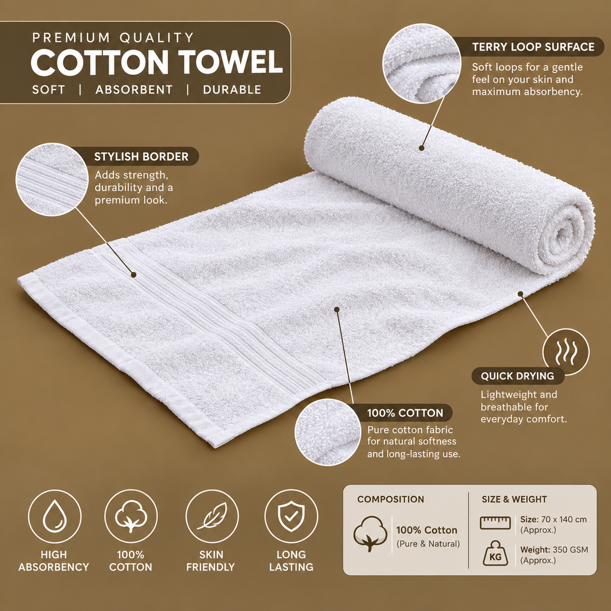Luxury Plush 100% Cotton Bath Towel – Ultra-Absorbent & Soft Everyday Hotel-Quality Towel in Vibrant Colors